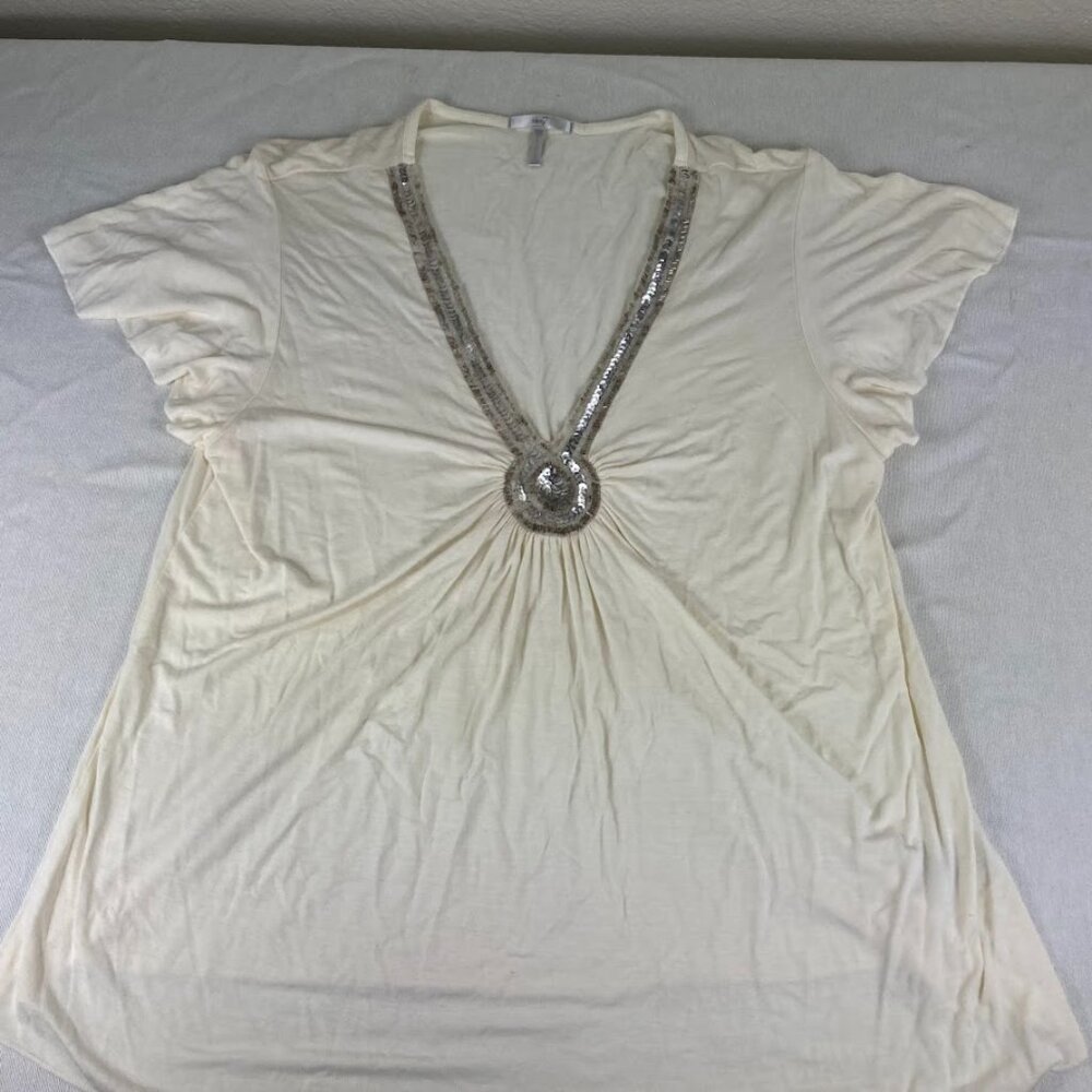 Metro 7 Ivory Sequin V-Neck Top Womens Medium Flutter Sleeve